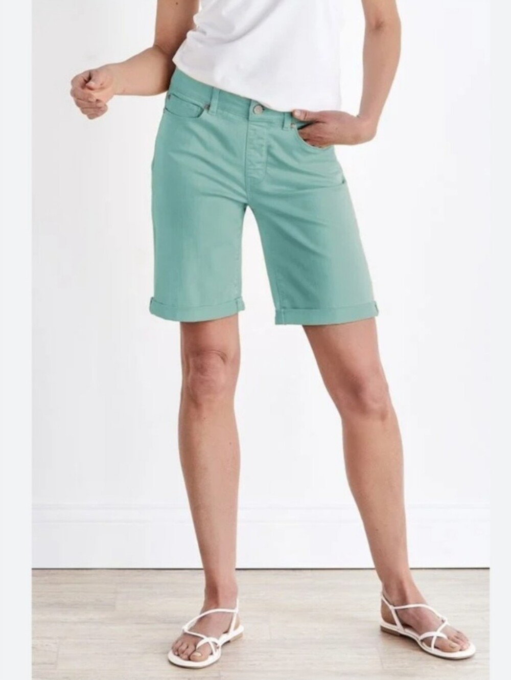 SOFT SURROUNDINGS Ultimate Stretch Denim Relaxed Shorts Aqua Blue Green Sz L
